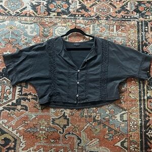 Aerie Dark Grey Button Down Crop Top with Lace Detail